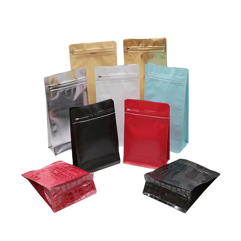 Custom 250g-1kg Flat Bottom Aluminum Foil Pouch Valve Zipper for Coffee Beans Tea Food Sugar Kraft Paper Logo for Cafe Packaging