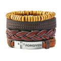 Vintage 4pcs Personalized 'Forgiven' Cross Wood Beaded Charm Bracelet for Men Genuine Leather and Alloy Fashionable Style