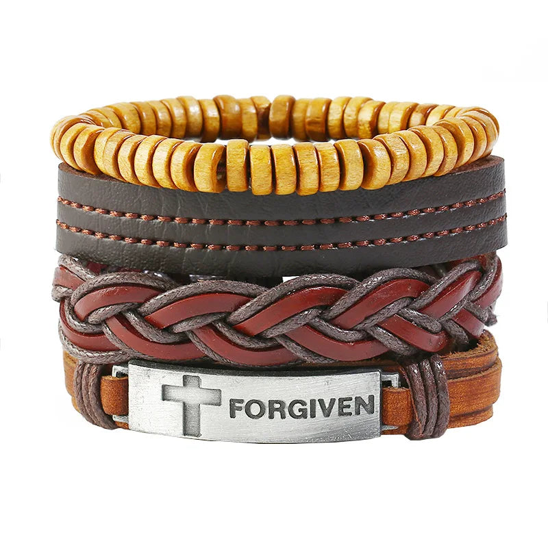 Vintage 4pcs Personalized 'Forgiven' Cross Wood Beaded Charm Bracelet for Men Genuine Leather and Alloy Fashionable Style