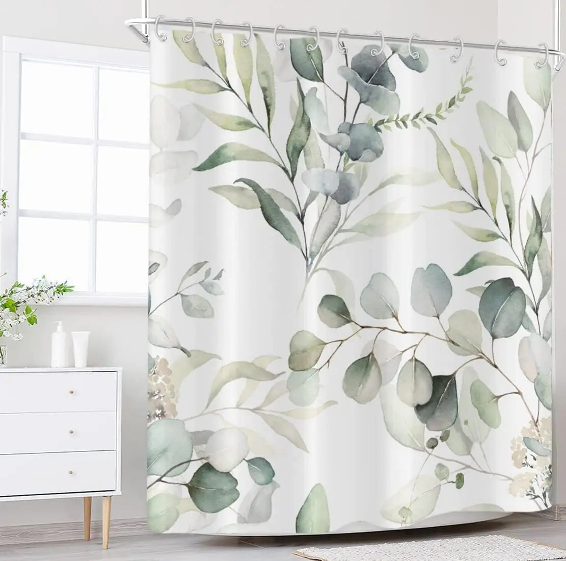 Leaf Shower Curtains Watercolor Plants Bathroom Curtains Bathtub Home Decor Waterproof Fabric Machine Washable with 12 PCS Hooks