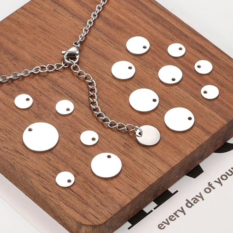 High Polish Stainless Steel Tail Tag Custom Engrave/Laser Logo Round Shape Metal Label for Necklace Pendant Jewelry Making