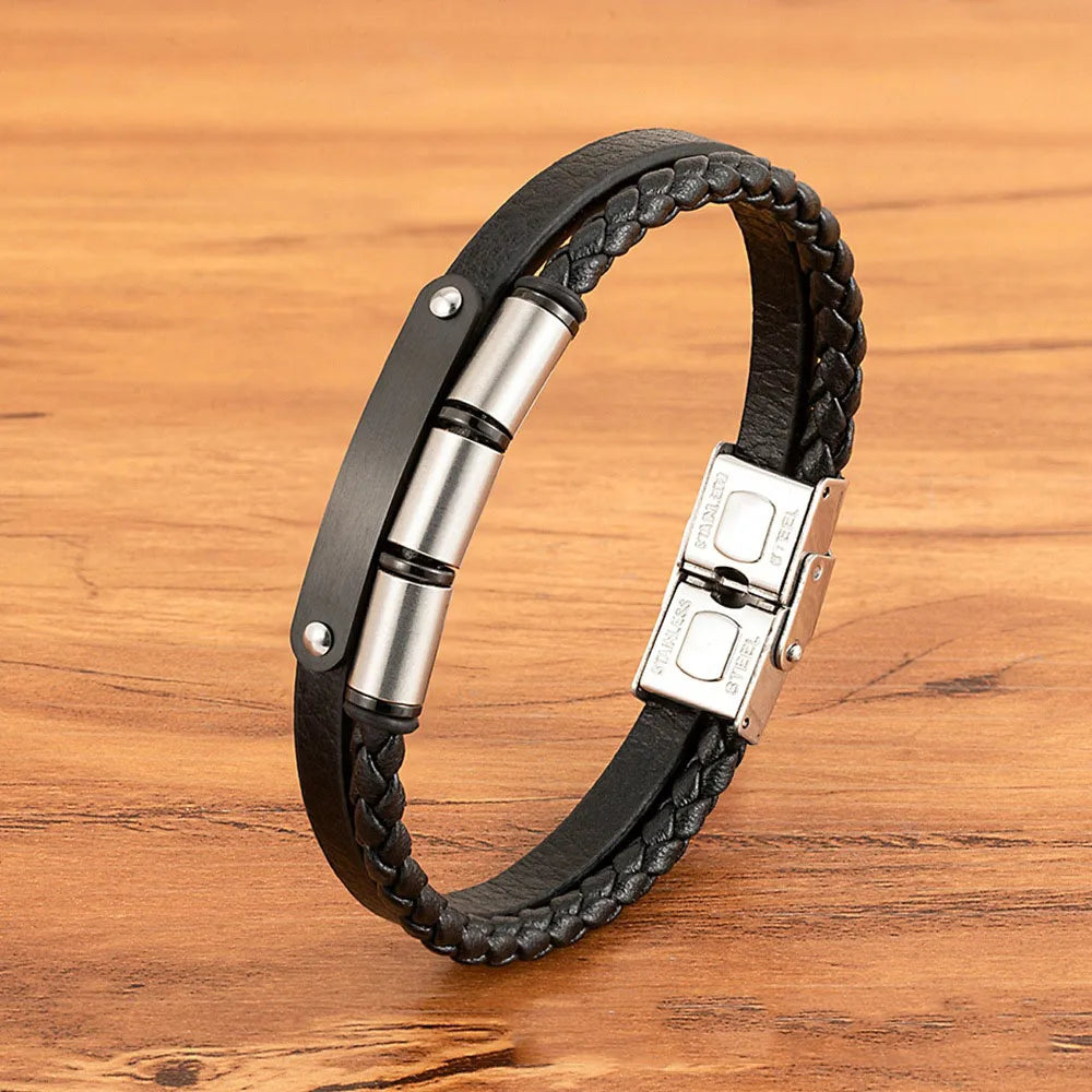 2025 Unique Design Double Layered Genuine Leather Bracelets for Men Jewelry Stainless Steel Buckle Leather Bangle