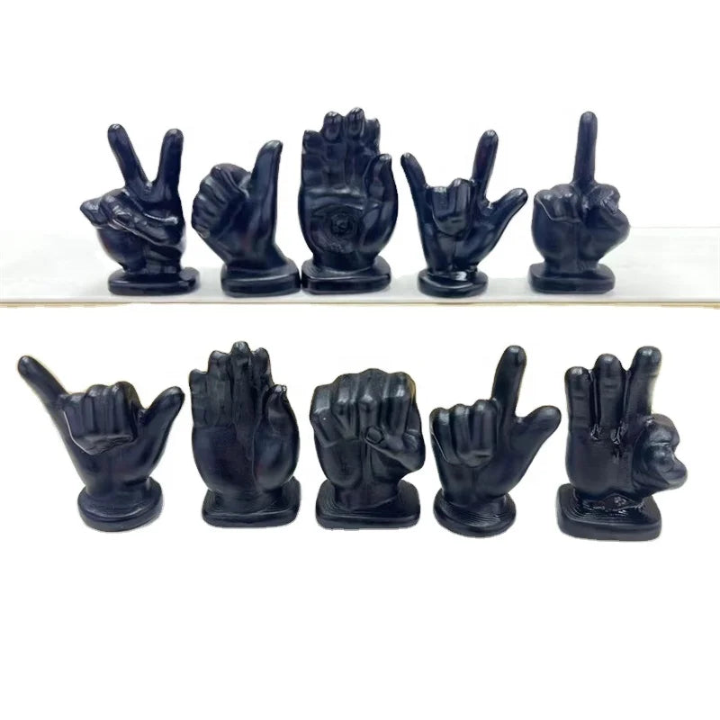 Hand Carved Natural Crystal Stone Finger Statue Figure Black Obsidian Middle Finger