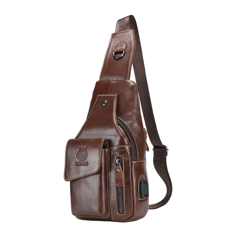 SCHLATUM New Vintage Men's Genuine Leather Chest Sling Bags with Zipper Closure Cellphone Pouch USB Charging Port for Summer
