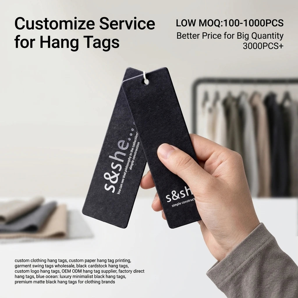 Custom Luxury Black Cardboard Hang Tags - Premium Gold Foil Brand Name Labels for High-End Garments