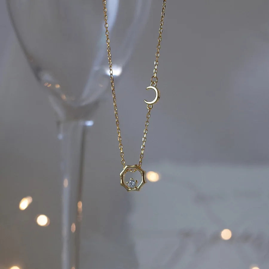 Cute INS Fashion Pure 925 Sterling Silver Shiny Zircon Moon and Star Pendant Necklace for Women Girls Jewelry