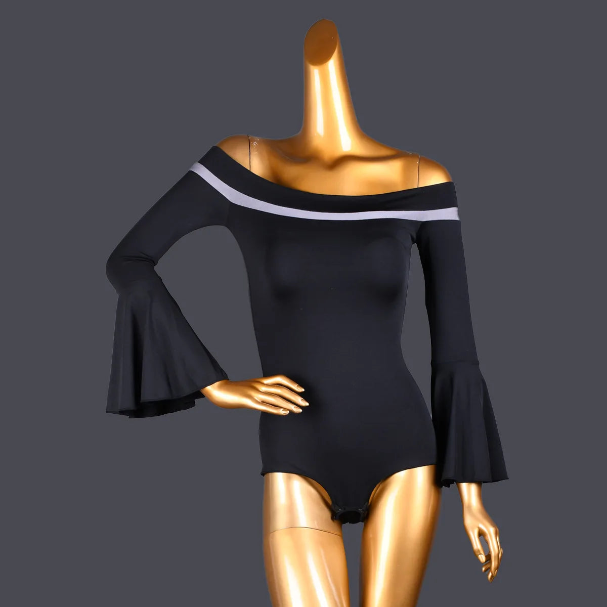 Latin Dance Costume - Collar Sleeve Adult Top Modern R Practice Dress Cha-cha Black White