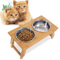 Luxury Natural Bamboo Elevated Dog Cat Food and Water Bowls Stand Feeder for Small and Medium Dogs with 2 Stainless Steel Bowls