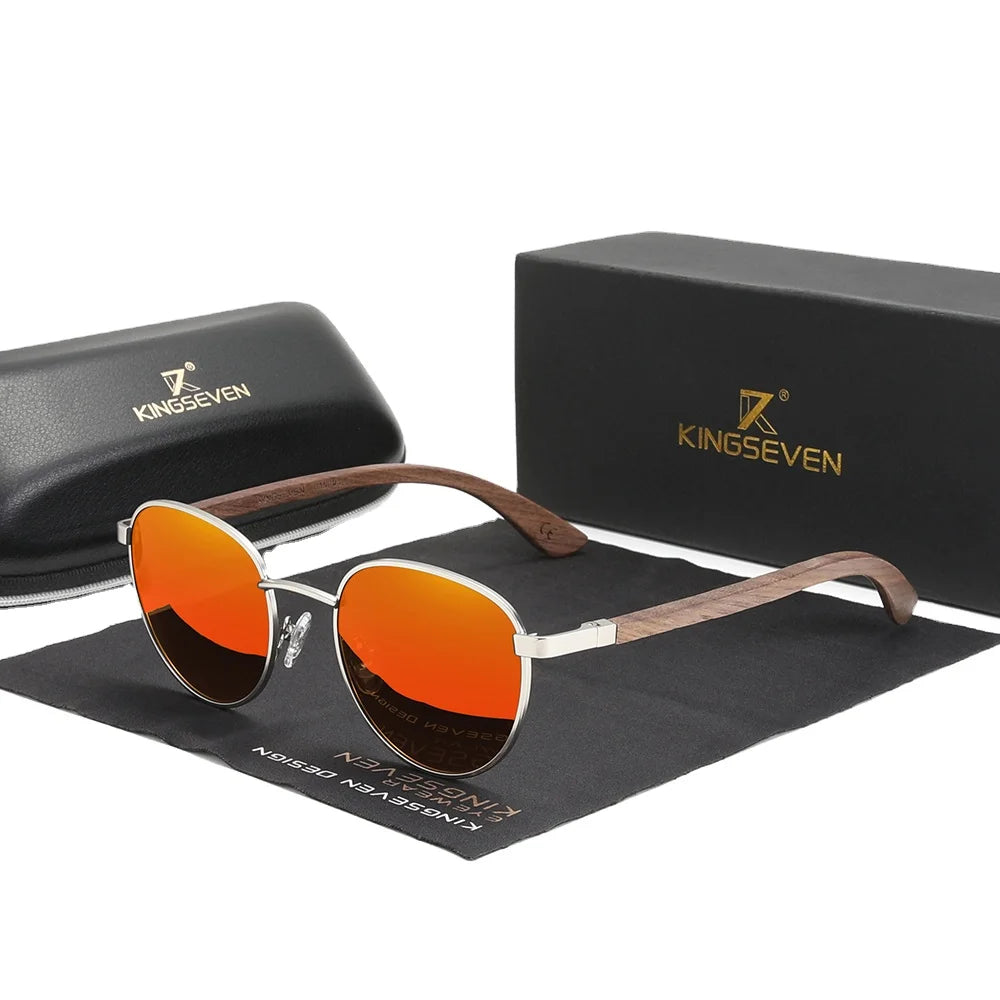 KINGSEVEN 2025 Fashion Handmade Walnut Round Men's and Women's Polarizers Sunglasses Steampunk Sunglasses5519