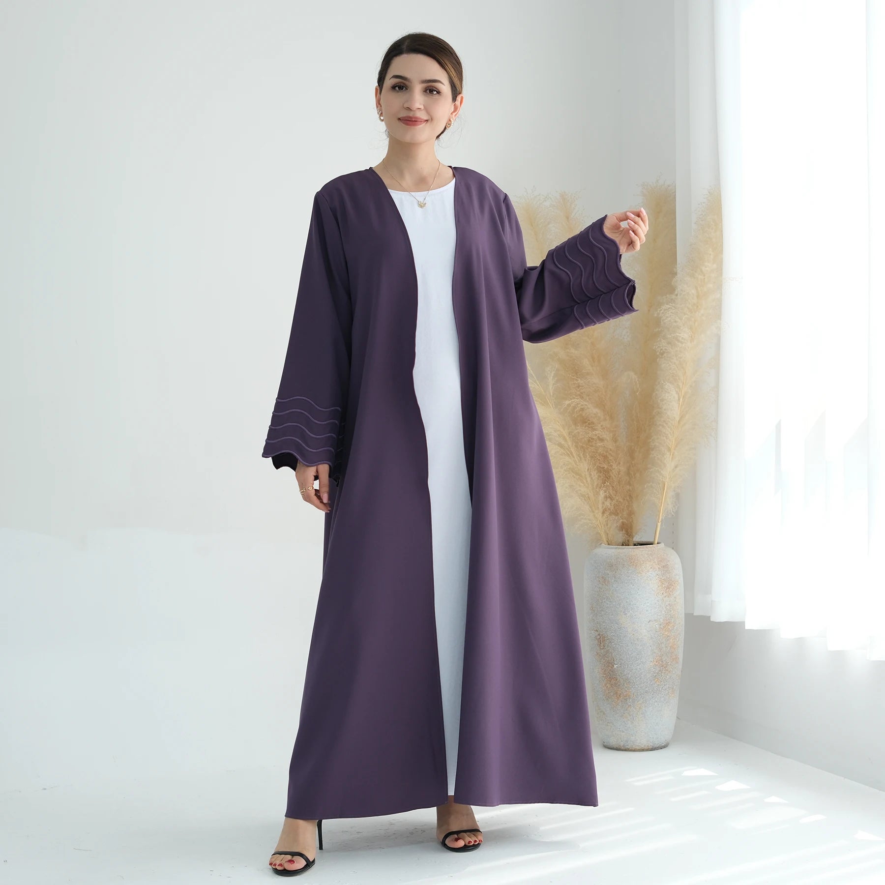 Clearance Sale Eid Muslim Hijab Abaya for Women Muslim Robe Solid Colored Striped Sleeves With Layered Abaya Women Muslim Dress