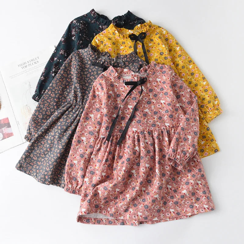 Spring Teen Girls Dresses Printed Flower Full Sleeve Pleated Ruffle Princess Dress Kids Frock Retro Style Children Fall Dress