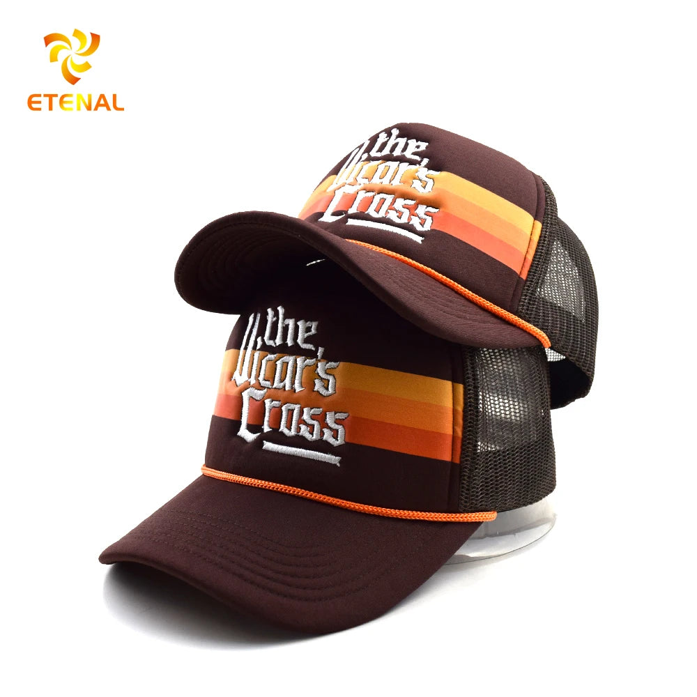 Custom 5 Panel Oxford Trucker Mesh Embroidery 2 Tones Brown Colors Foam Polyester Baseball Cap with Rope Dot Fruit