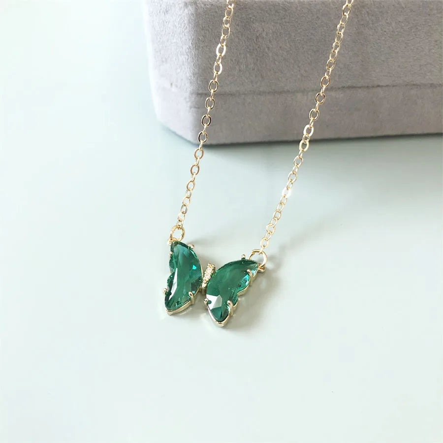 Summer Spring Women butterfly Necklaces 12 Colors Alloy Gold Plated Promotion Crystal Stone butterfly Necklaces