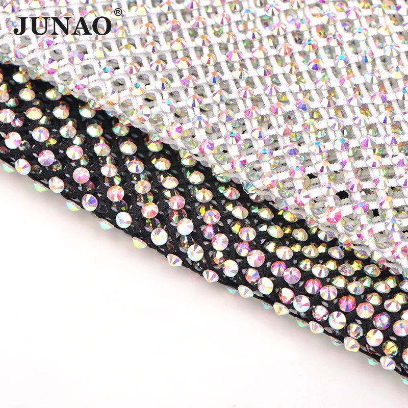 JUNAO 30*40cm SS12 SS16 Crystal Fabric Mesh White AB Strass Trimming Sewing Rhinestone Mesh for Garment Accessories
