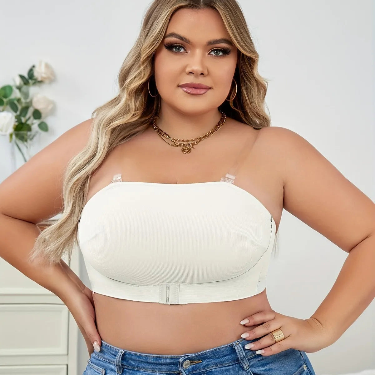 Women's Plus Size Traceless Adjustable Bralette Full Coverage Push-up Front Closure Strapless Breathable Underwear Wire-Free Big
