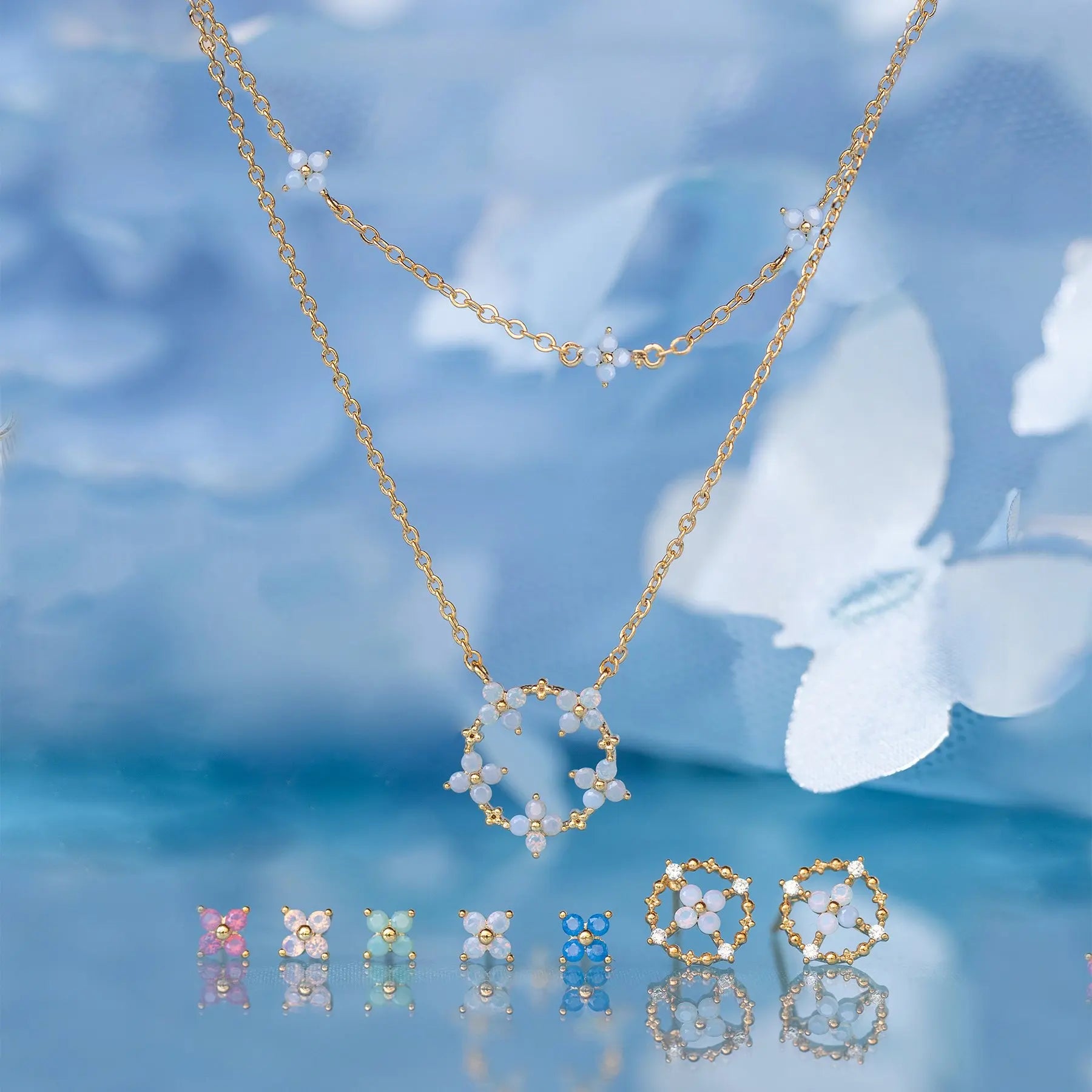 2025 New Design Exquisite Wholesale Korean Women Jewelry 18K Gold Plated Brass Stud Earrings Zircon Blue Flower Earring for Girl