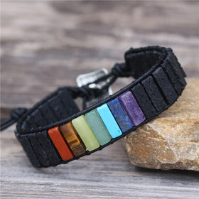 Boho Natural Stone Lava Beads 7 Chakra Single Leather Wrap Bracelet Adjustable Handmade Weaving Cuff Bracelet Jewelry Wholesale