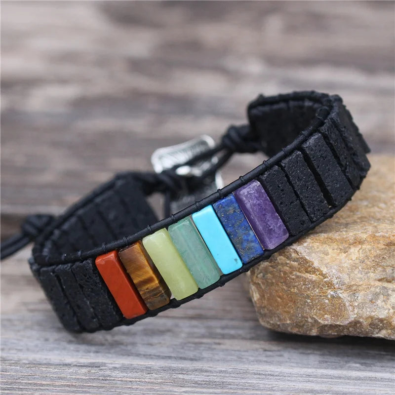 Boho Natural Stone Lava Beads 7 Chakra Single Leather Wrap Bracelet Adjustable Handmade Weaving Cuff Bracelet Jewelry Wholesale