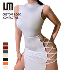 OEM Hot Selling Custom Printed Trends Sexy Women Sleeveless Lace up Skinny Party Club Slit Dress