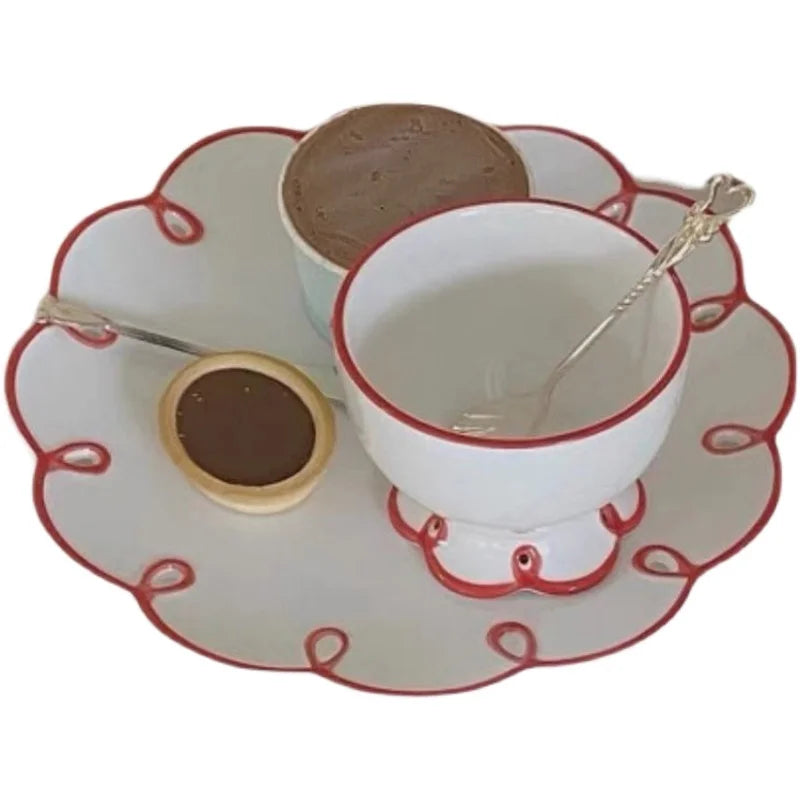 French Ceramic Plate Red Edge Embossed Hollow Retro Tableware Handmade Ins Lace Plate Cup Charger Plates Wedding Decoration