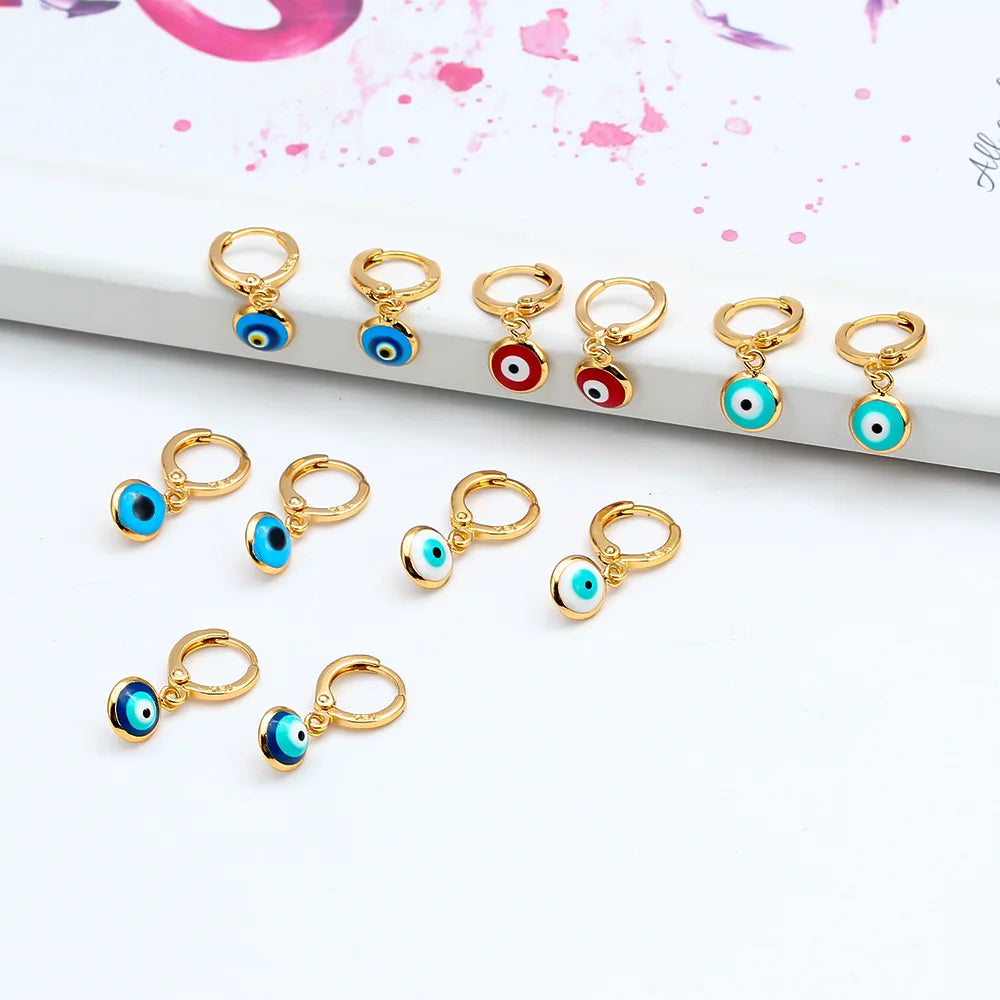 HOVANCI Newest Gold Hoop Evil Eyes Drop Earrings Colorful Hanging Eyes Clip on Earrings for Women