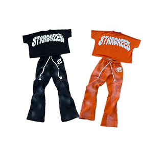 Custom Men Vintage Acid Washed Crop Printed T Shirt Two Pieces Flared Sweatpants Men T-Shirts