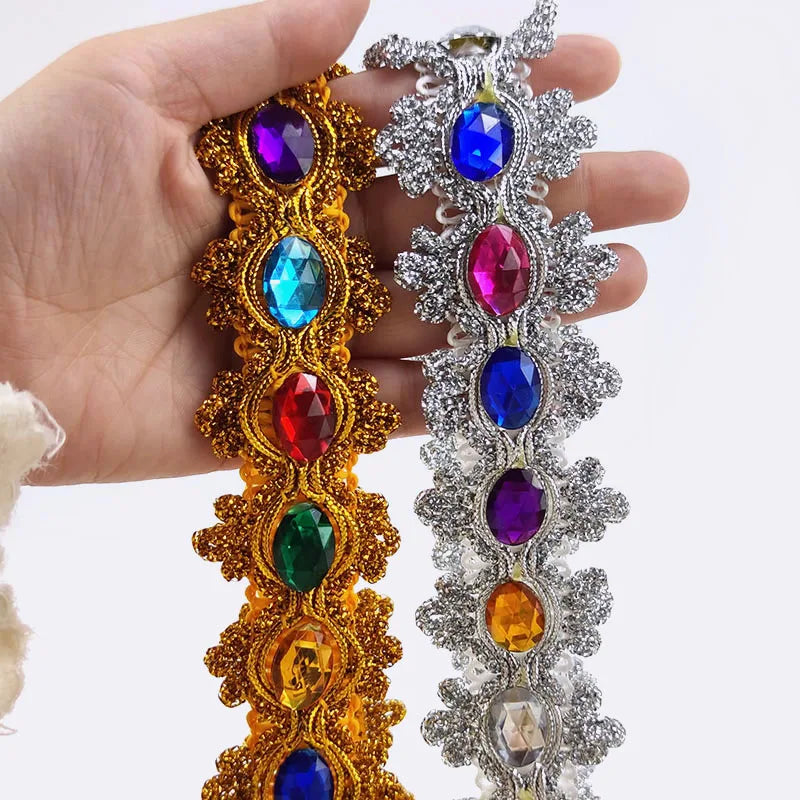 Meetee RC369 4.5cm Polyester Ethnic Style Dance Costume Accessories Acrylic Gemstone Diamond Lace