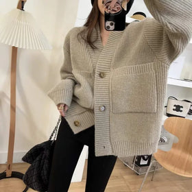 Cardigan Women Patchwork V-Neck Leisure Loose-fitting Long Sleeve Fashion All-match Autumn Students Feminino Sweaters Ins Soft