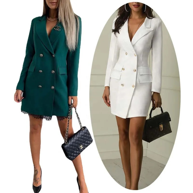 Womens Tuxedo Suits Double Breasted Jacket Notched Collar Coat Elegant Casual Outfits Formal Dresses Blazer Dress