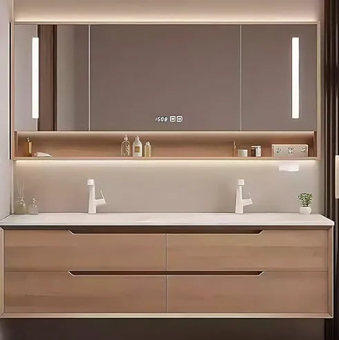Bathroom Vanity Smart LED Mirror Wood Cabinet Faucet Drainpipe Log Style Vanity Table Ceramic