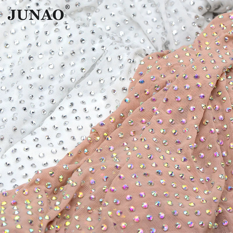 JUNAO Top Quality 1*1.5 Meter Nuder Sewing Trim Crystal AB Fabric Glass Rhinestone Fabric Mesh for Clothes DIY Crafts