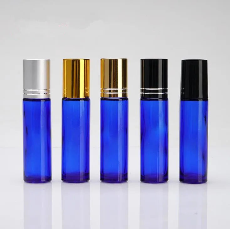 In Stock 10ml Frosted Blue Roll on Glass Bottle With Steel Roller and Gold/silver/white/black Cap Roller Ball Bottle