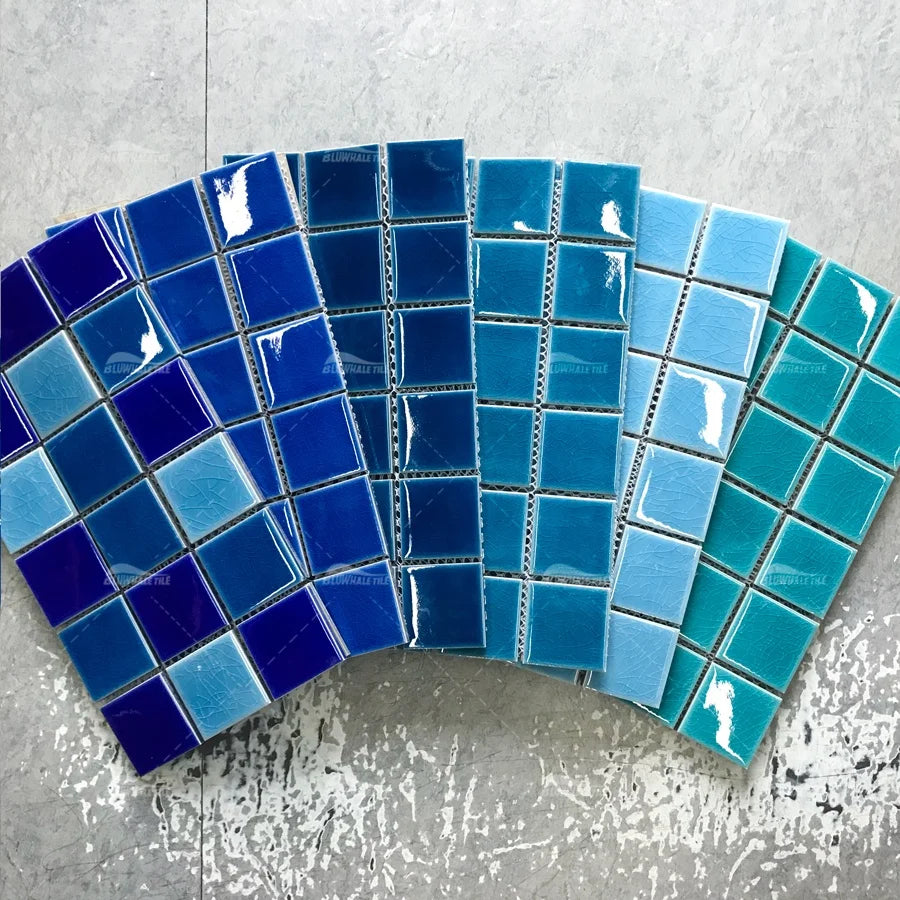 Foshan Cheap Price Custom Bathroom 48x48 Glossy Square Crackle Glazed Ceramic Porcelain Blue Swimming Pool Tile Mosaic Supplier