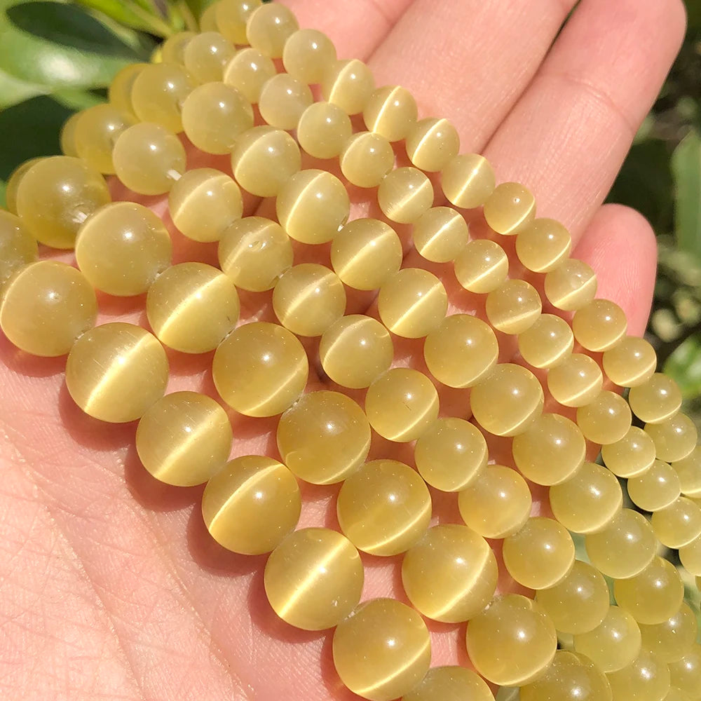 New Sale 4/6/8/10mm Smooth Golden Champagne Cats Eye Stone Beads for DIY Jewelry Making 15''