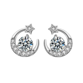 XEA015 Fashion 925 Sterling Silver Luxury Moon Star Fine Jewelry Dainty 0.5Ct Moissanite Stud Earrings for Women