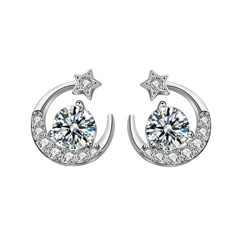 XEA015 Fashion 925 Sterling Silver Luxury Moon Star Fine Jewelry Dainty 0.5Ct Moissanite Stud Earrings for Women