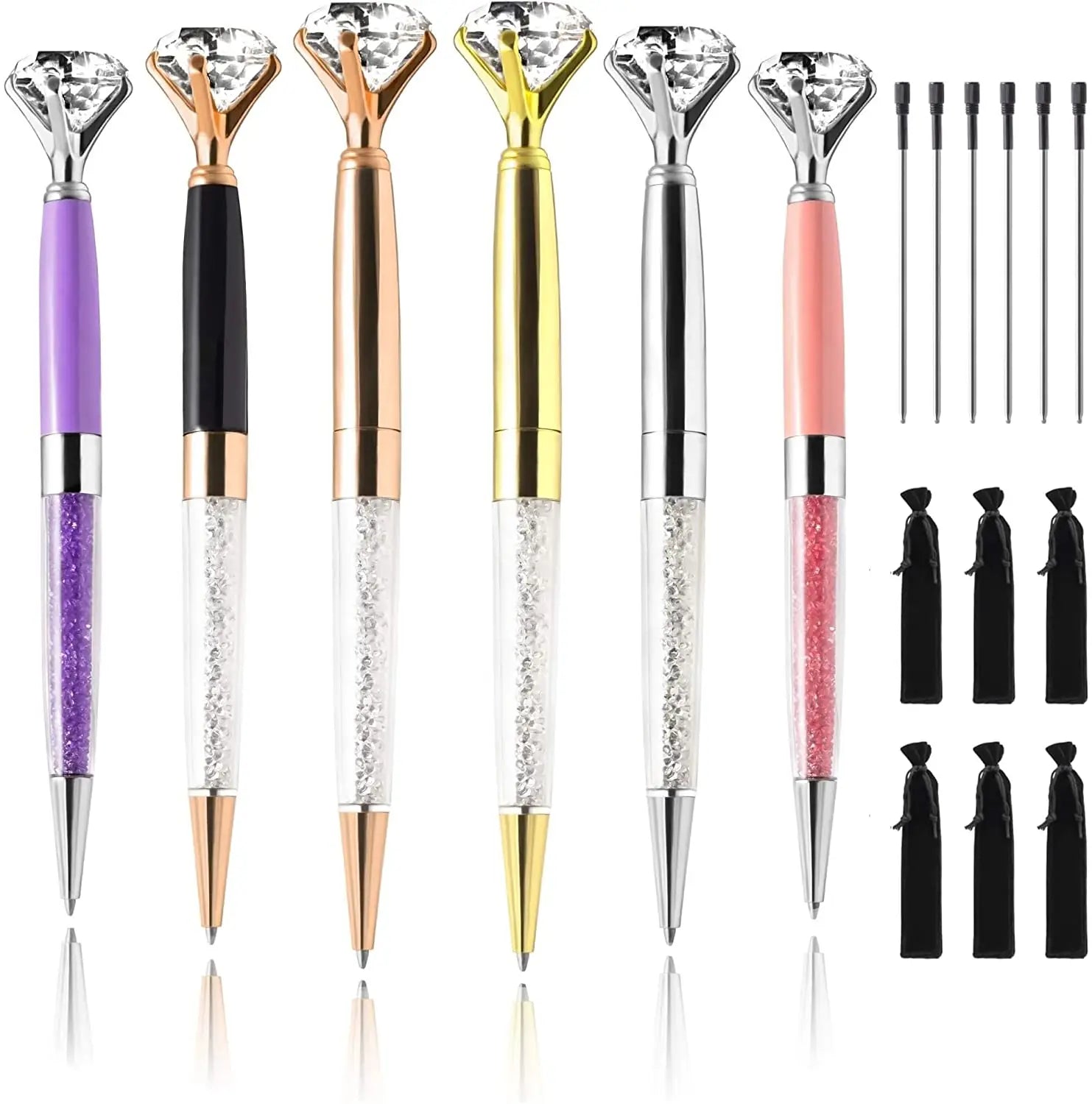 Fancy Crystal Diamond Ballpoint Pens Black Ink Refills  Cute Gift Bag Big Bling Writing Pen Rose Gold Silver Ballpoint Pen