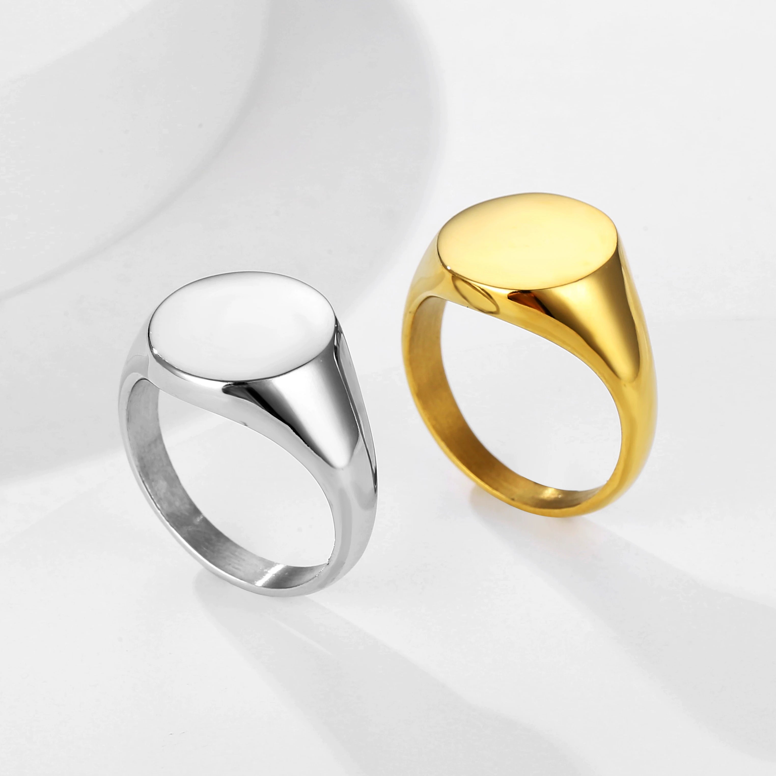 Custom Logo Text Engraved Ring Stainless Steel 18k Gold Plated Wedding Engagement Heart Round Square Signet Rings for Men