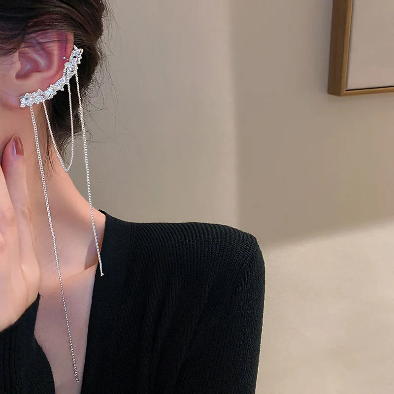 Wholesale Rhinestone Diamond Earring Zircon Crystal Shiny Climber on Ear with Long Tassels Ear Clip for Women Fashion Jewelry
