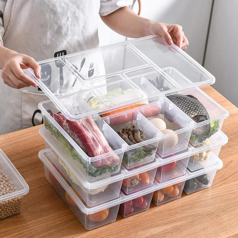 OWNSWING Divided Veggie Tray with Lid 5 Compartment Snack Box Container for Fridge Clear Refrigerator Organizer Bins