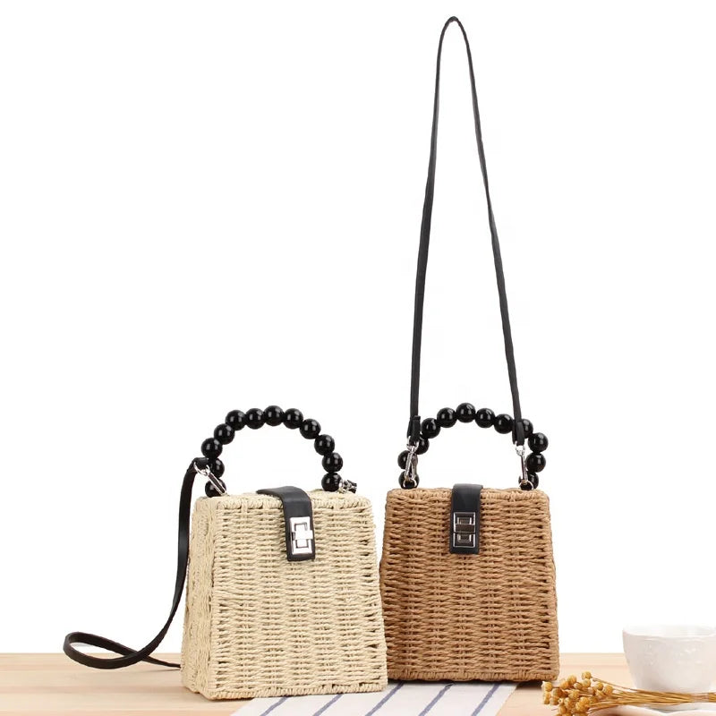 2026 Ladies' Durable Lightweight Eco-Friendly Luxury Grass Straw Tote Bag Two Shoulder Belts Acrylic Beads Handle for Parties