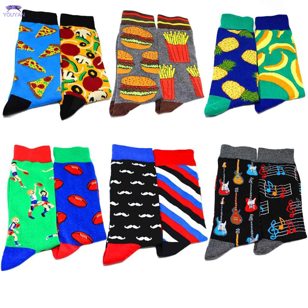 1 Pair Casual Matching Socks Men's Different Design Combinations Fries Pizza Pineapple Funny Cotton Crew Colorful Funny Socks