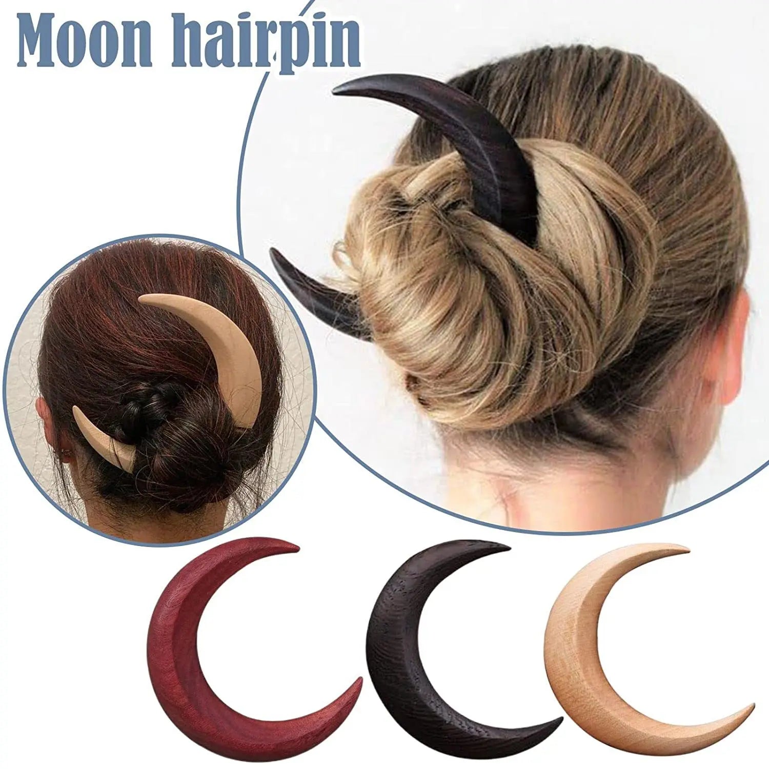 KUACHI New Design Moon Wood Hairpins Wholesale Elegant Moon Shape Hair Wood Fork Simple Hairpins for Women
