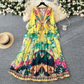 Holiday Style Woman 2025 New French Court Deep V-neck Flared Sleeve Printed Big Swing Dress