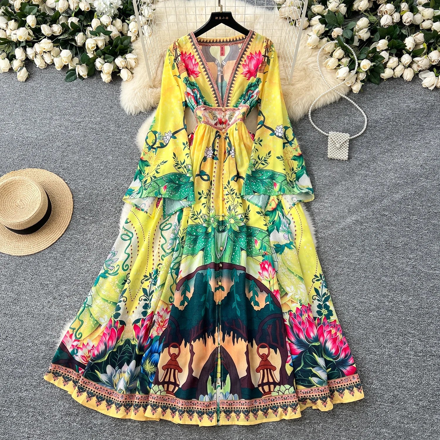 Holiday Style Woman 2025 New French Court Deep V-neck Flared Sleeve Printed Big Swing Dress