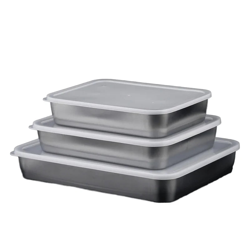 Custom Kitchen Stainless Steel Fruit Meals Container Catering Box Rectangle Food Storage Boxes with Seal Cover