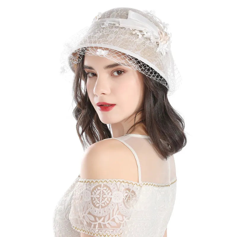 Fashion Mesh Veil Sinamay Church Hats Elegant Fancy Women Kentucky Derby Dress Cloche Sun Hat Fascinator Tea Party Wedding Hat