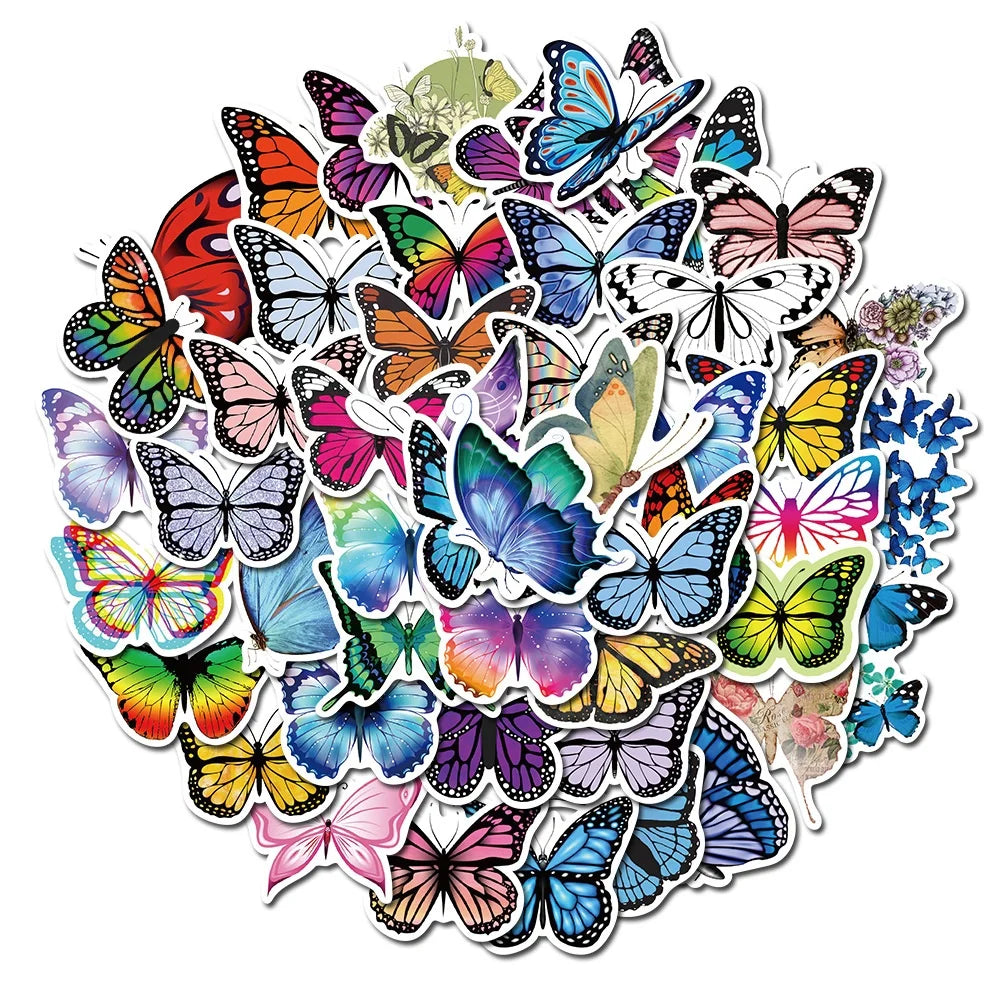 50pcs Colorful Butterfly Factory Wholesale Die Cut Vinyl Waterproof Sticker Pack for Kids Laptop Luggage Guitar DIY Decoration