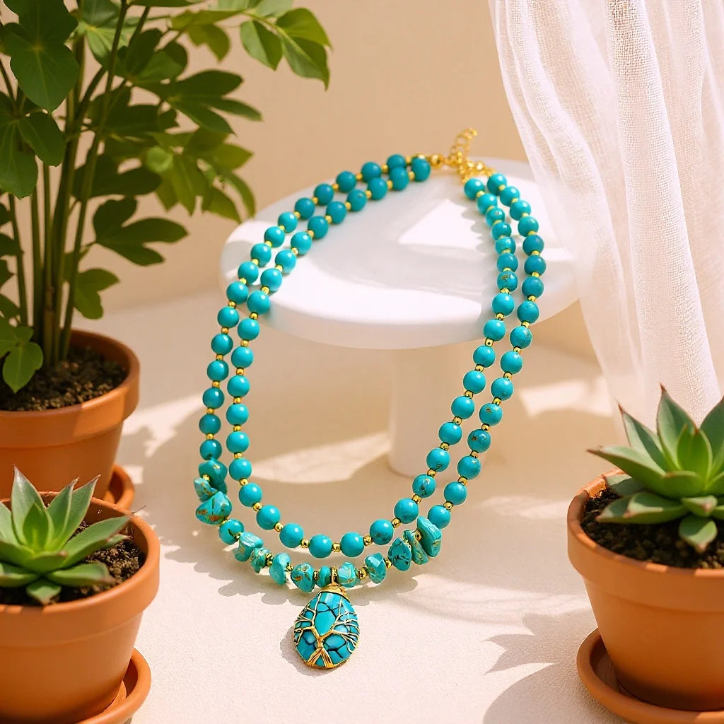 Fashion Bohemian Women Customs Jewelry 2-Layer Hematite Natural StoneTurquoise Tiger Eye Beaded Life Tree Drop Pendant Necklace