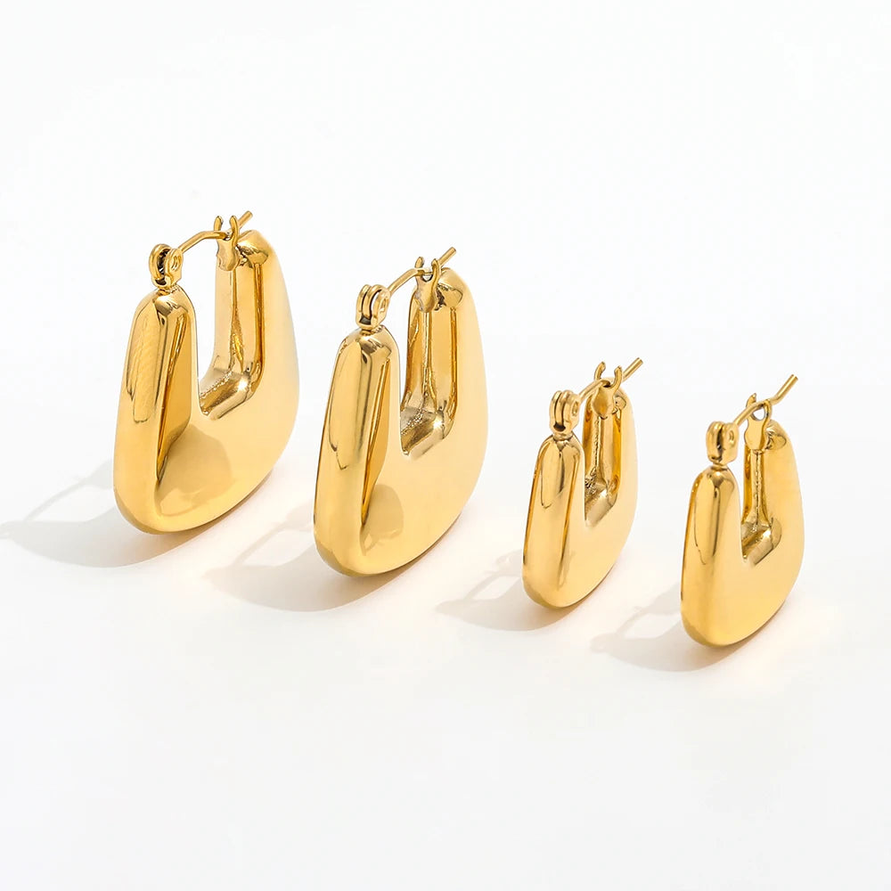 18K Gold Plated Tarnish & Waterproof Chunky Geometric Hollow U Hoop Earring Stainless Steel Fashion Jewelry